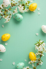 Pastel vertical Easter eggs in yellow, mint, and teal rest among white blossoms on a mint-green backdrop, capturing a bright spring mood and festive Easter celebration perfect for greeting cards