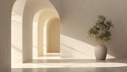 Serene Minimalist Arched Interior with Sunlit Passageways and Potted Plant.