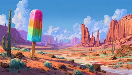 Giant Rainbow Popsicle Stands Tall in Arid Desert Landscape Under Blue Sky.