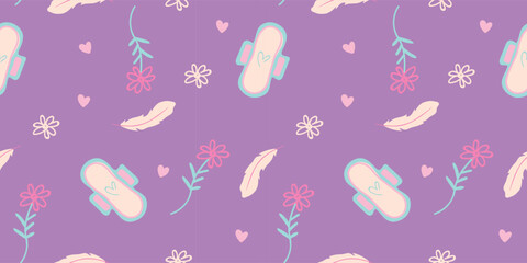 Sanitary pad seamless pattern with flowers and feathers, feminine menstrual care illustration