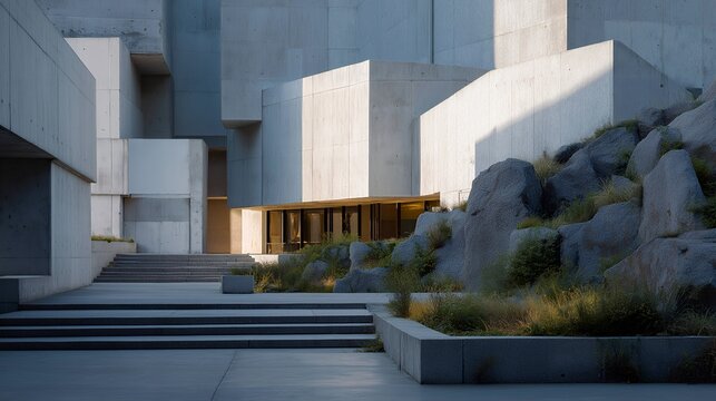A minimalist architectural façade showcasing raw concrete walls with crisp geometric shadows, emphasizing modern brutalist design and sustainable building materials. cinematic color correction, - Powered by Adobe
