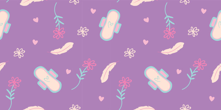 Sanitary pad seamless pattern with flowers and feathers, feminine menstrual care illustration