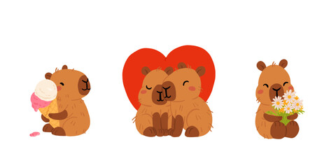 Fototapeta premium Cartoon capybara collection. Kawaii capybara, different funny animal characters, cute capybaras mascot. Various adorable animals, kids stickers. Childish set, flat vector illustration
