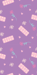 Pastel medical pills and flowers seamless background, gentle feminine health vector illustration