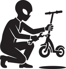 Alien repairing kick scooter with wrench, working on personal transportation