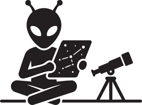 Alien sitting with tablet and telescope observing stars and constellations in deep night sky