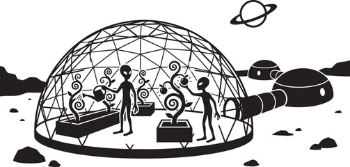 Aliens tending to plants in a geodesic dome greenhouse with a Saturn planet in background © MDSHOFIQUL