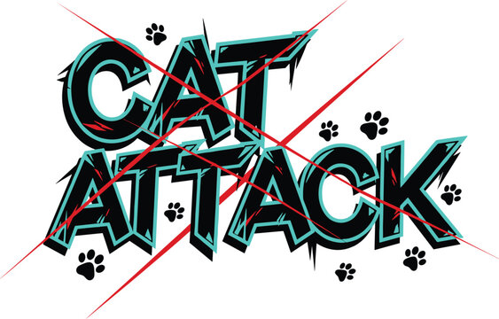 Cat attack text, claw marks design, feline aggression theme, bold jagged typography, paw prints illustration, dynamic graphic, energetic branding - Powered by Adobe