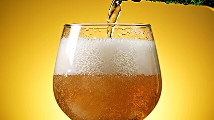Refreshing golden beer is expertly poured from a classic green bottle into a chilled condensationcovered glass creating a rich frothy white head against a vibrant warm yellow background evoking a sen.