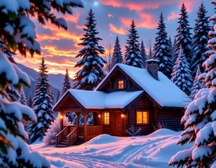 Fototapeta premium Cozy Wooden Cabin Winter Forest Sunset