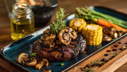 Succulent Grilled Steak Dinner with Saut?ed Mushrooms, Corn, and Asparagus on Rustic Plate.