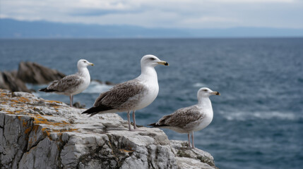 Three seagulls standing on a rocky coastal cliff with blue ocean background