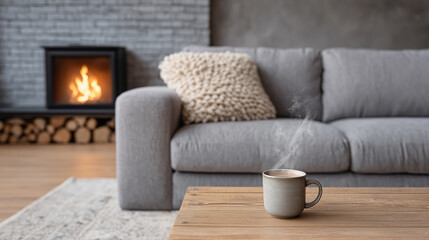 Steaming cup of coffee on wooden table in cozy modern living room with fireplace