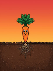 Cartoon carrot character with happy face growing in soil with visible roots