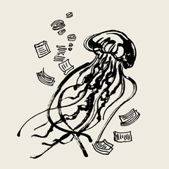 Artistic black and white illustration of a jellyfish © Edik