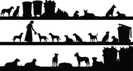 Dogs silhouettes, garbage bins scene, stray animals illustration, urban waste concept, feeding dogs, animal welfare art, homelessness theme, city environment