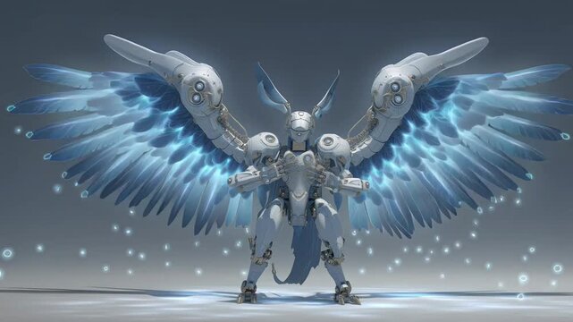 Garuda mech robot spreading wings with glowin angel wings