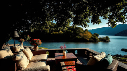 a secluded place for relaxing with a sofa, armchair, and table by the river