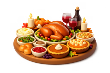 Thanksgiving feast icon with turkey, pies, vegetables, and wine for holiday celebration design