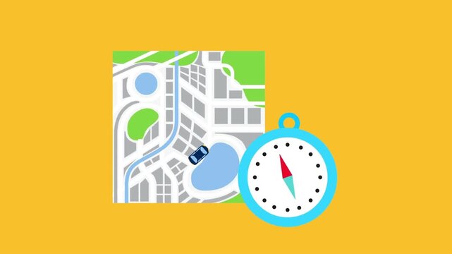 City map and compass on a yellow background navigation direction