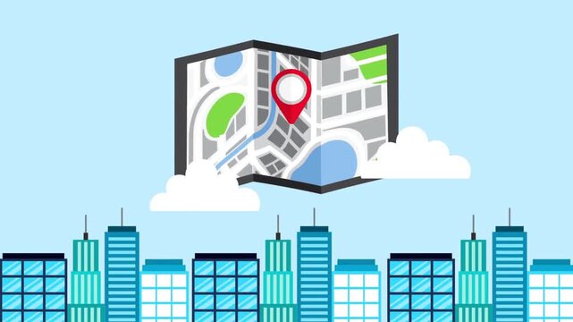 Folded map with GPS pin floating above a city skyline and clouds location pin red pin