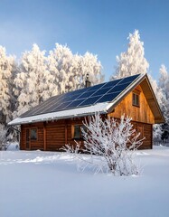 Winter Cabin with Solar Panels in a Snowy Landscape.