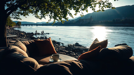 a secluded place for relaxing with a sofa, armchair, and table by the river