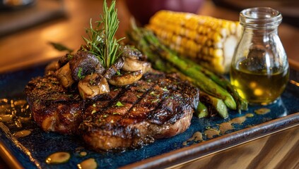 Gourmet Grilled Steak Dinner with Rosemary, Asparagus, Corn, and Olive Oil.