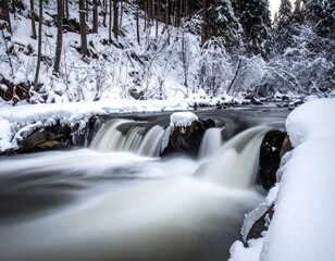 Winter Cascade - A Snowy River Scene in the Forest.