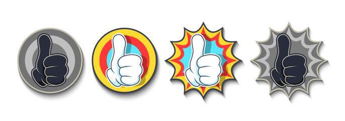 Vector cartoon four fingered hand, thumbs up. Approval, good or excellent. Set of toon emotions. Icon collection. Isolated background