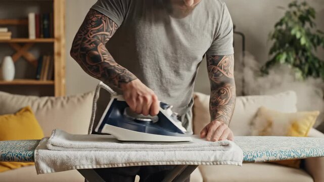 Caucasian man ironing clothes on an ironing board with steam at home. Everyday household chores for domestic life at home.