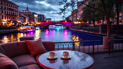 a secluded place for relaxing with a sofa, armchair, and table by the river