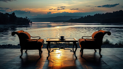 a secluded place for relaxing with a sofa, armchair, and table by the river