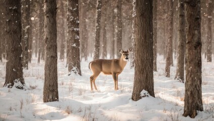 Deer in Winter Forest - A Serene Wildlife Encounter.