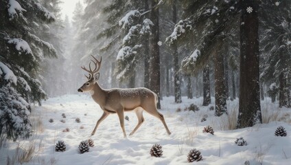 Deer in Winter Wonderland - A Serene Forest Scene.