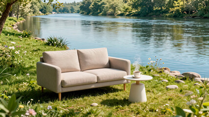 a secluded place for relaxing with a sofa, armchair, and table by the river