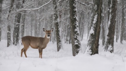 Deer standing in a snowy winter forest, looking at the camera.