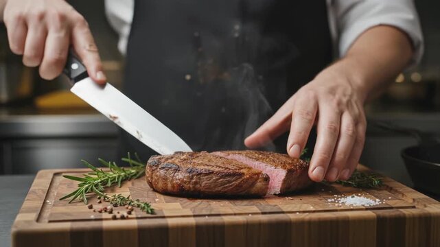 Juicy steak resting on board being sliced with sharp knife near fresh herbs and coarse salt adding flavor to tender meat during cooking