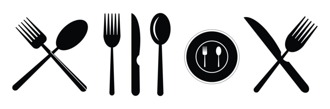 Spoon and fork icon set. vector illustrations