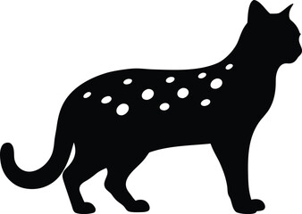 Elegant black cat silhouette with unique white spots standing in a graceful side profile