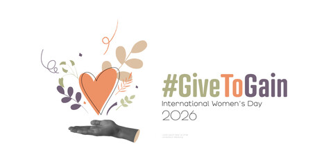 International Women's Day 2026 concept logo. #GiveToGain Palms together, extended forward in a gesture of offering.