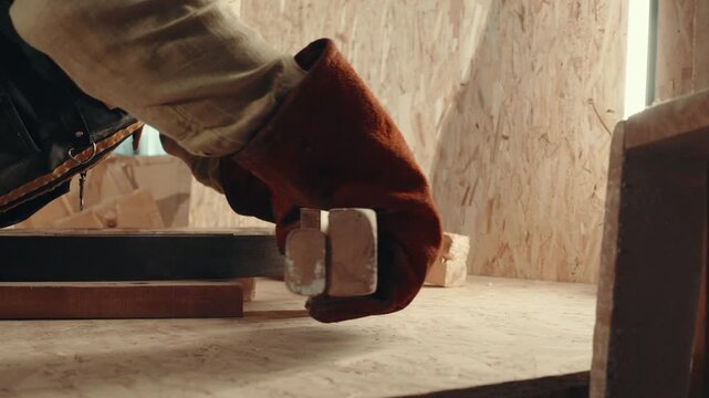Wood, sander and carpenter in workshop with tools for furniture, production or construction project.