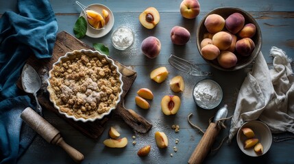 Fototapeta premium Wideangle of golden peach cobbler with crumbly topping, surrounded by fresh peach slices and rustic baking tools on a weathered wooden surface, evoking warmth and homemade indulgence