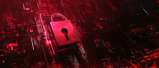 Abstract cybersecurity art, deep red and blush glow, 3D pop-up standing lock with golden metal touch, digital background