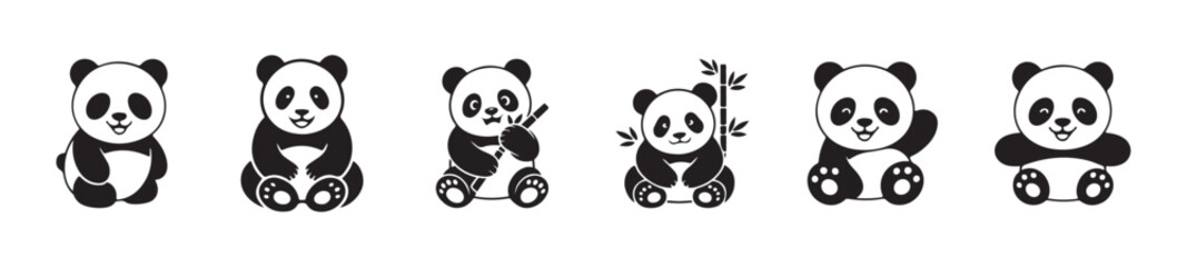 Minimalist panda bear vector graphics featuring bamboo sticks and sitting poses for brand identity © MST