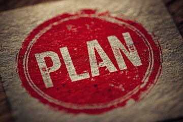 A striking red circular stamp, boldly displaying the white word 'PLAN', is set against a textured, rustic background. The distressed, grunge aesthetic of the stamp, featuring rough edges and an aged a
