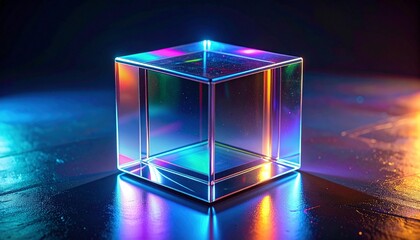 A transparent glass cube on a reflective surface refracts vivid colors—blue, purple, yellow, red—evoking optical clarity, geometric tension, and the prismatic choreography of light and structure.