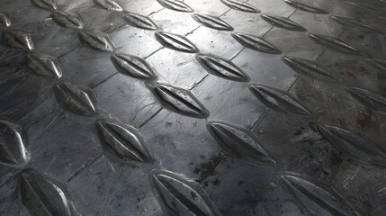 Grungy metallic surface with a repeating raised texture, showing wear and tear from industrial use. A detailed background of aged steel for robust design projects