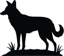 Elegant domestic dog standing profile silhouette with a characteristic coiled tail and grass elements