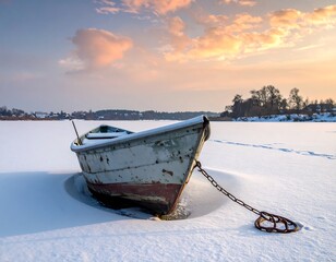 Winter Solitude - A Boat Frozen in Time on a Snowy Lake.